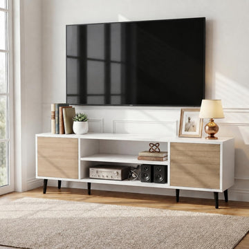 58 Inch Mid-Century Modern TV Stand with Storage, Oak