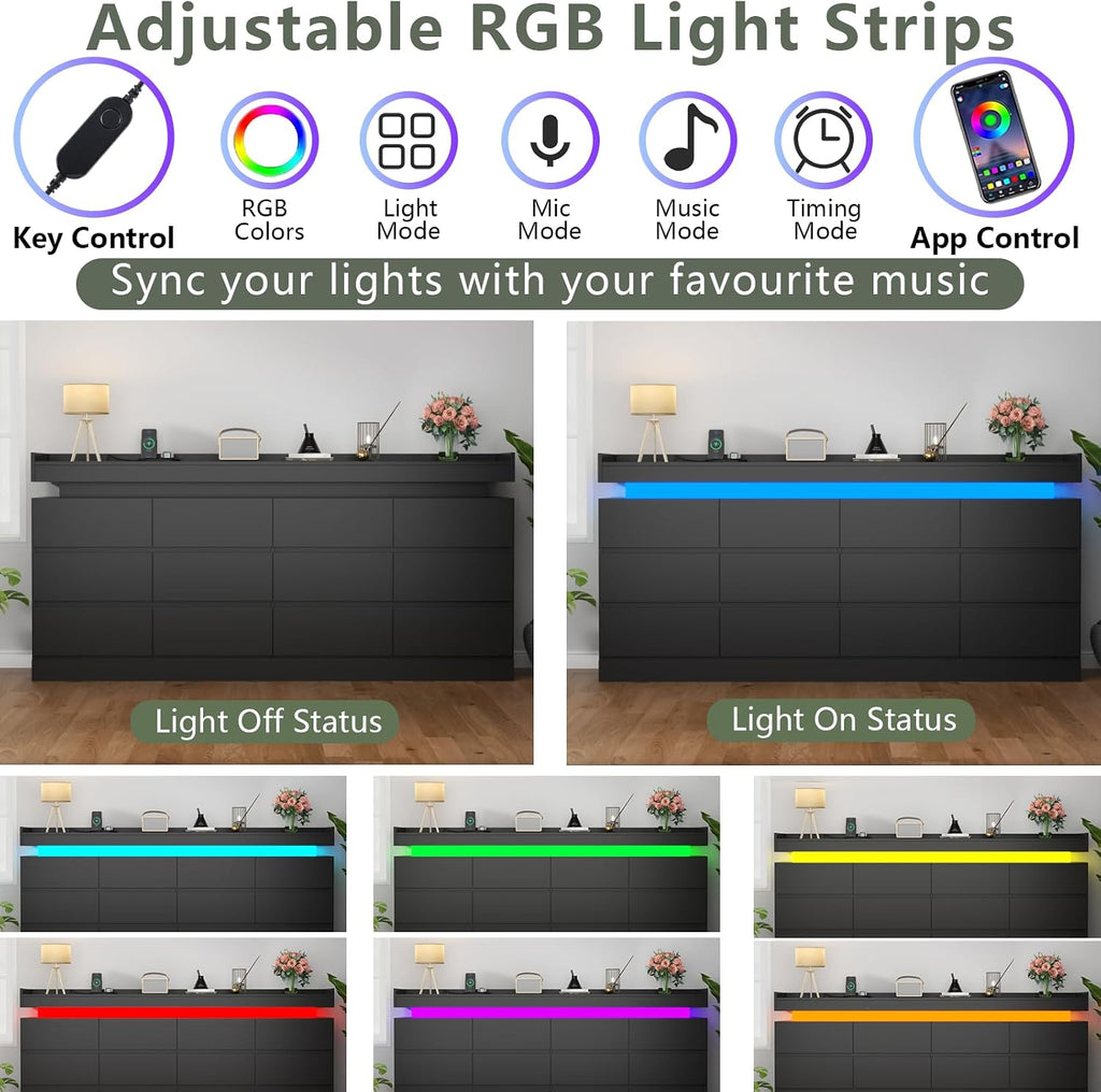 12 Drawer Dresser with Power Outlet, Modern Dresser with LED Light | Chest of Drawers for Closet, Double Wide Drawer