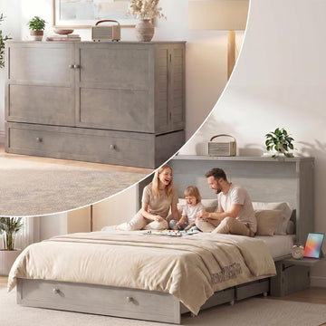Queen Murphy Bed Cabinet with Tri-fold Mattress, Cabinet Bed with Built-in Charging Station, Storage Drawer, Solid
