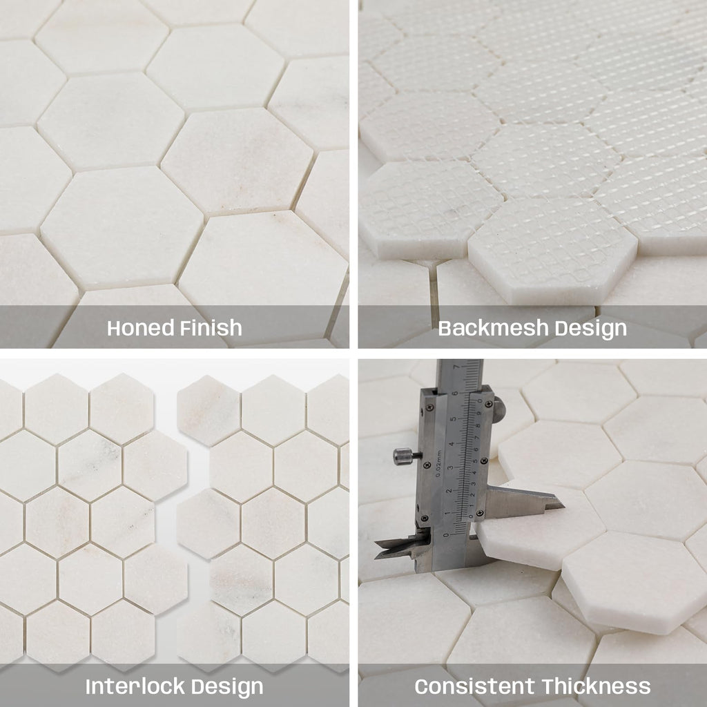 Marble Mosaic Tile, 2 Inch Hexagon, Honed, White Natural Stone Mosaic Tiles Backsaplsh, Shower Floor, Bathroom
