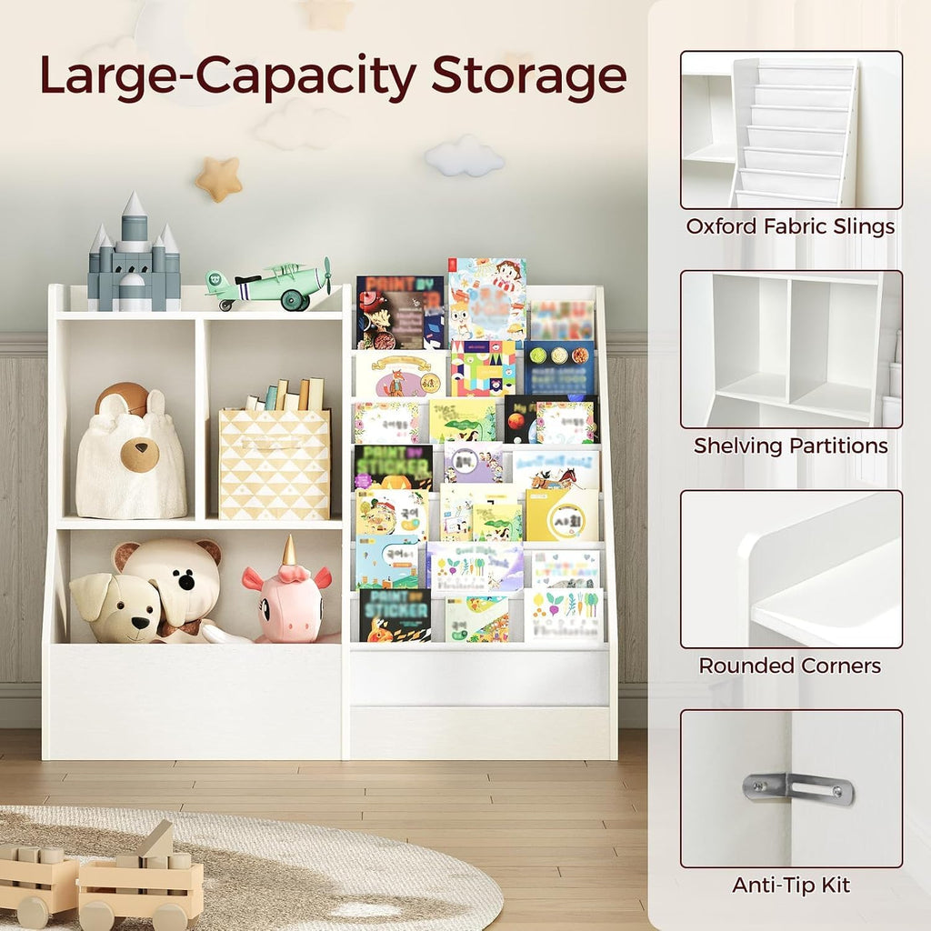 39.4" Kids Bookshelf and Toy Storage, 7 Layer Kids Book Sling Shelf, Toddler Bookshelf, Kids Bookcase, Toy Organizer