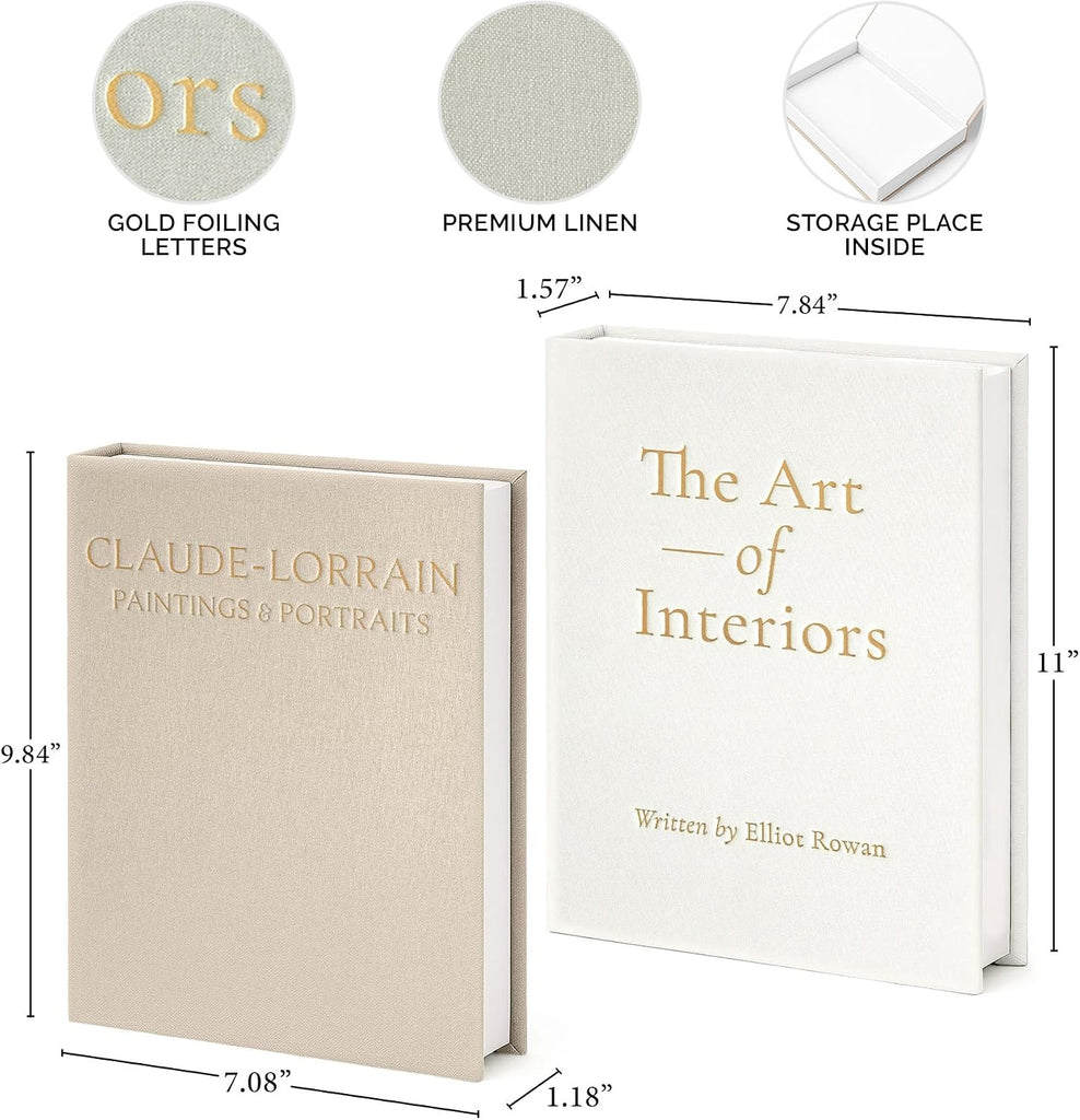 Decorative Books - Set of 2 Linen Hardcover Boxes with Storage - Aesthetic Fake Books for Decoration , Shelf