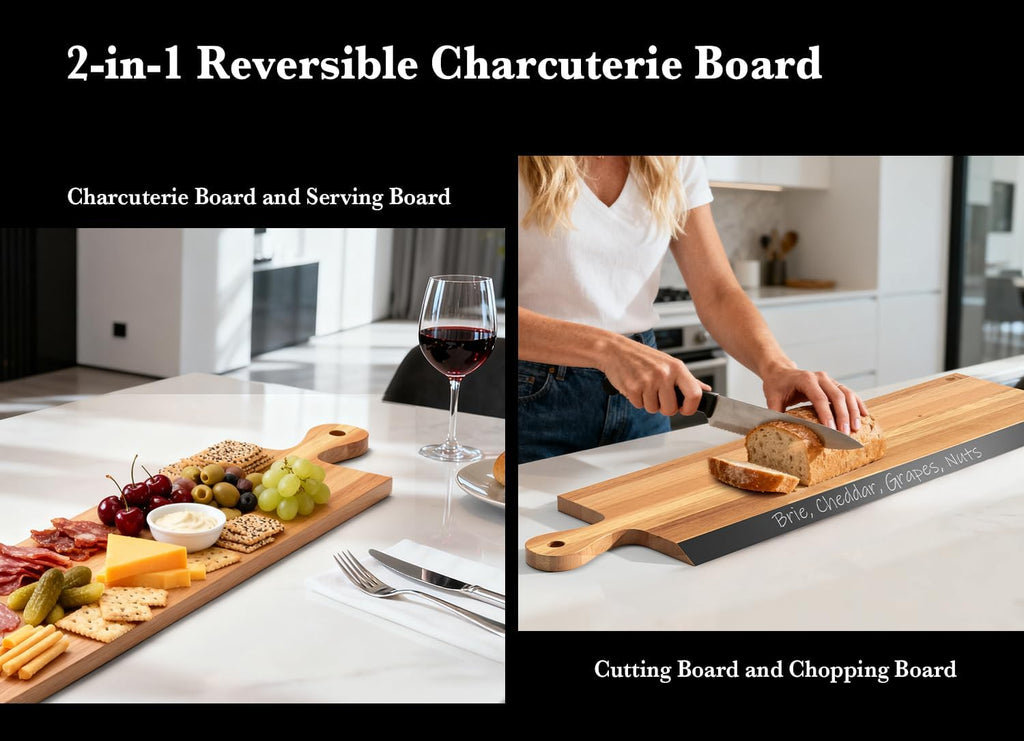 32" Acacia Charcuterie Board with Handle - Extra Long Serving Platter with Chalkboard Edge for Cheese, Meat &