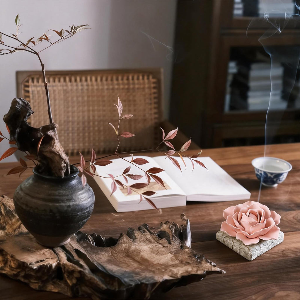 Ceramic Passive Essential Oil Diffuser, Aesthetic Desktop Handmade Flower & Concrete Base, Porcelain Aromatherapy