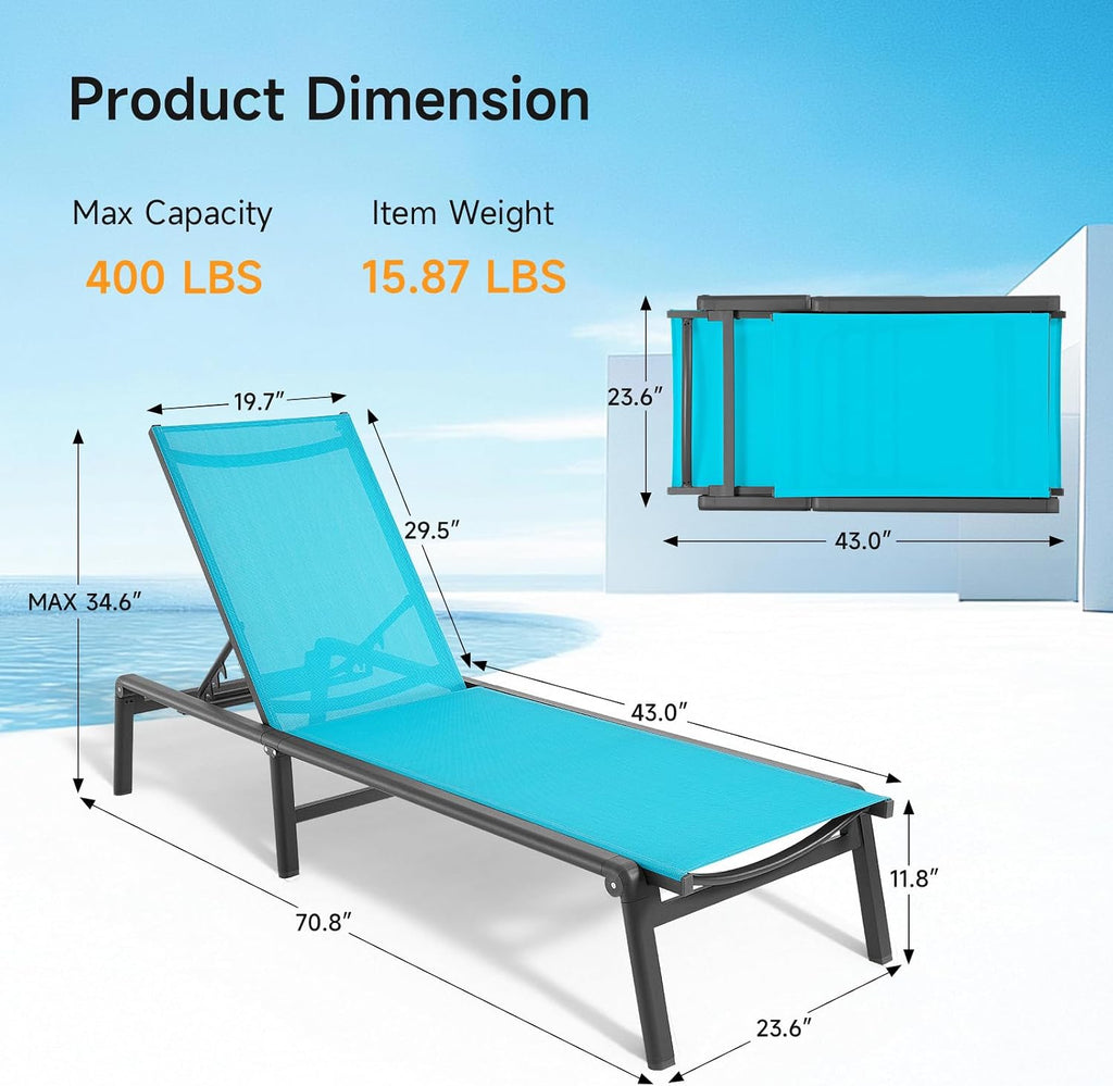 Aluminum Chaise Lounge Chair Outdoor for Outside Poolside, 1PC, Lake Blue | Foldable & Assembly Free Outdoor Lounge