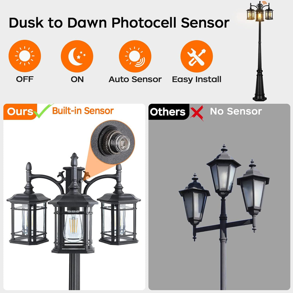 Dusk to Dawn Outdoor Lamp Post Lights, Black Light Pole with Clear Glass Panels (3 LED Bulbs Included)