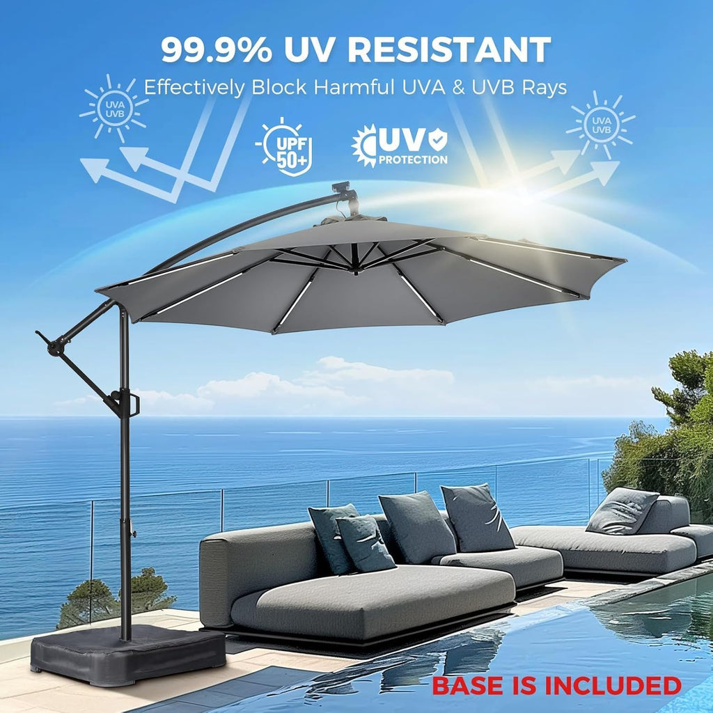 10 ft Offset Patio Umbrella with Solar Lights, LED Lighted Umbrella Outdoor Patio with Base Included