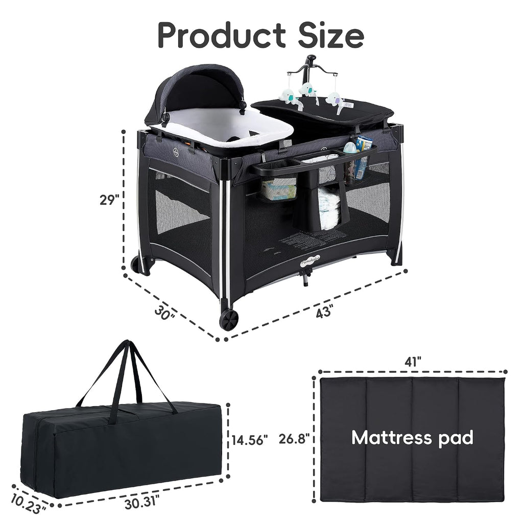 4 in 1 Baby Playards with Bassinet & Changing Table, Portable Crib Breathable Mesh and Toy Mobile
