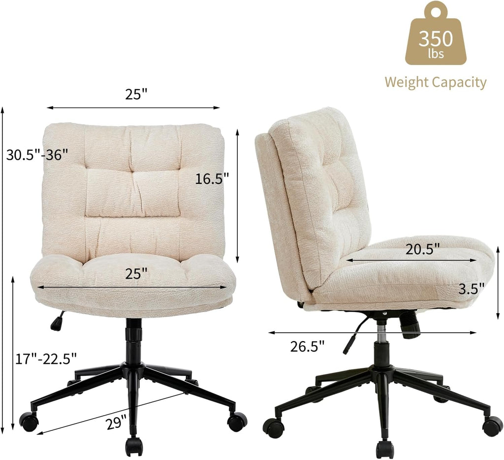 Home with Wheels, Armless Vanity Desk Chair in Soft Chenille Fabric, Double Cushion Wide Seat, Swivel Height