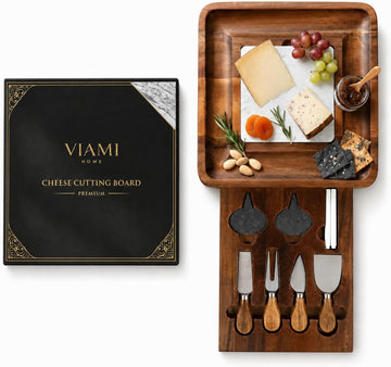 Premium Acacia Cheese Board Set with Slide-Out Drawer & 4 Cheese Knives, Charcuterie Board with Marble-Style Insert