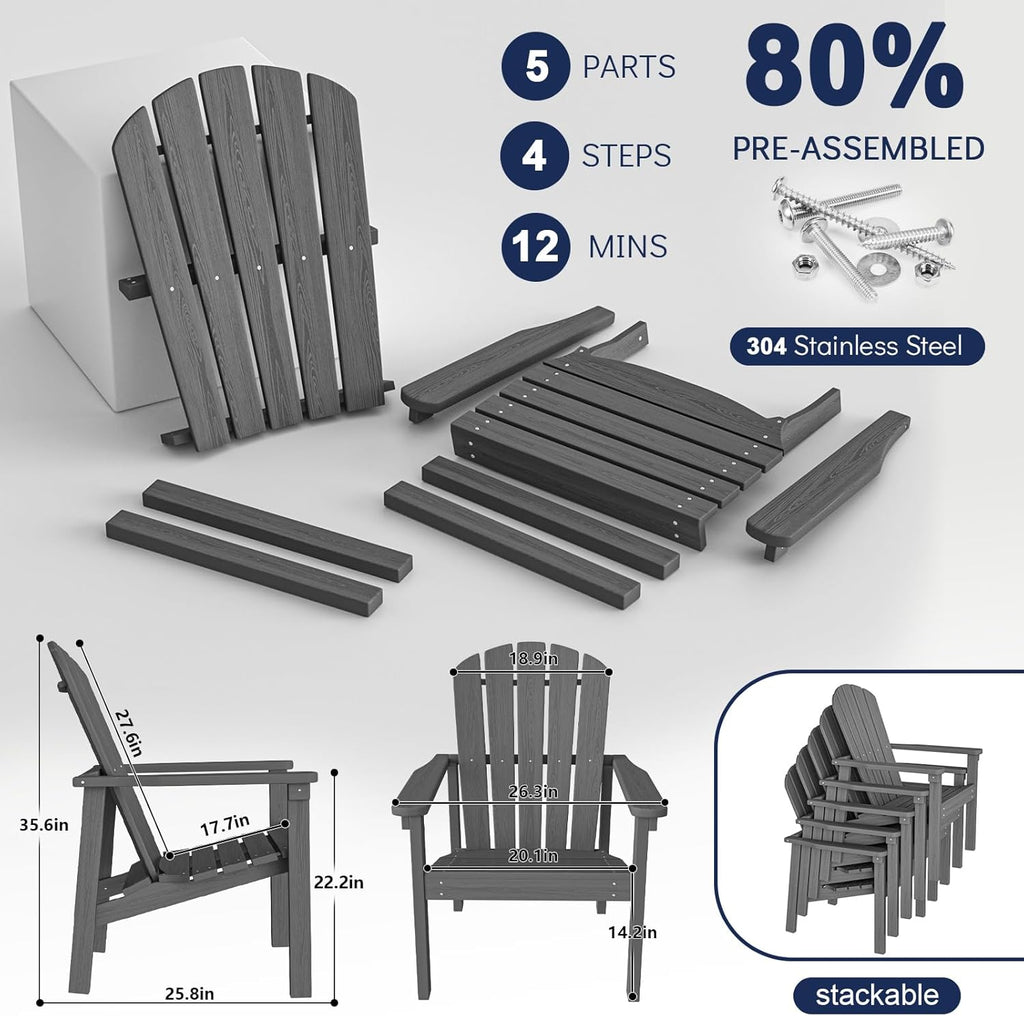 Stackable Adirondack Chairs,Compact All Weather HDPE,Grey | 26.3" Wide HDPE,380lb,All-Weather