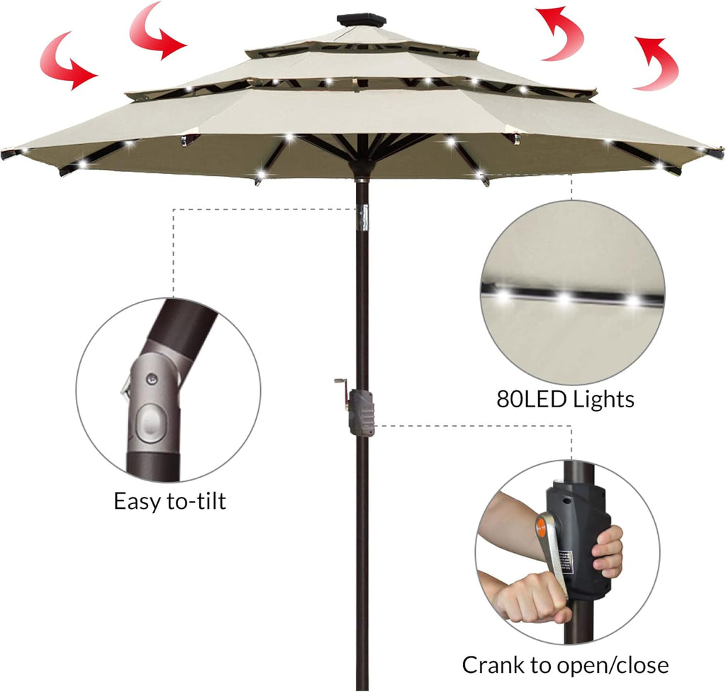USA 10-Year-Non-Fading 9ft 3-Tier Market Patio Umbrella, Commercial Table Umbrella with 80 Solar LED Lights - Antique Be