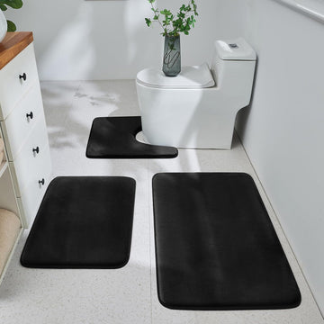 3-Piece Memory Foam Bathroom Rug Set, Black | Quick Dry Velvet Surface, Non-Slip & PVC Backing, Ultra Soft Bath Rugs
