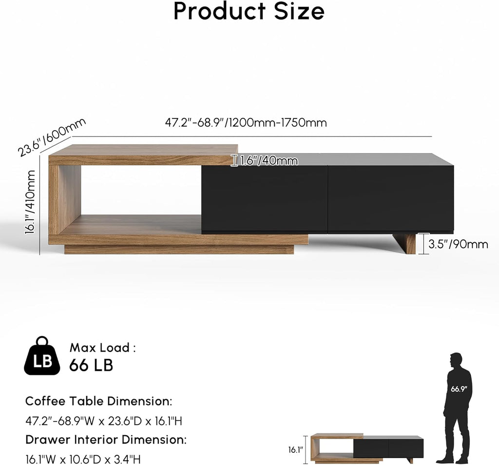 Extendable Coffee Table, 47"-69" Expandable Walnut Coffee Table with 2 Drawers