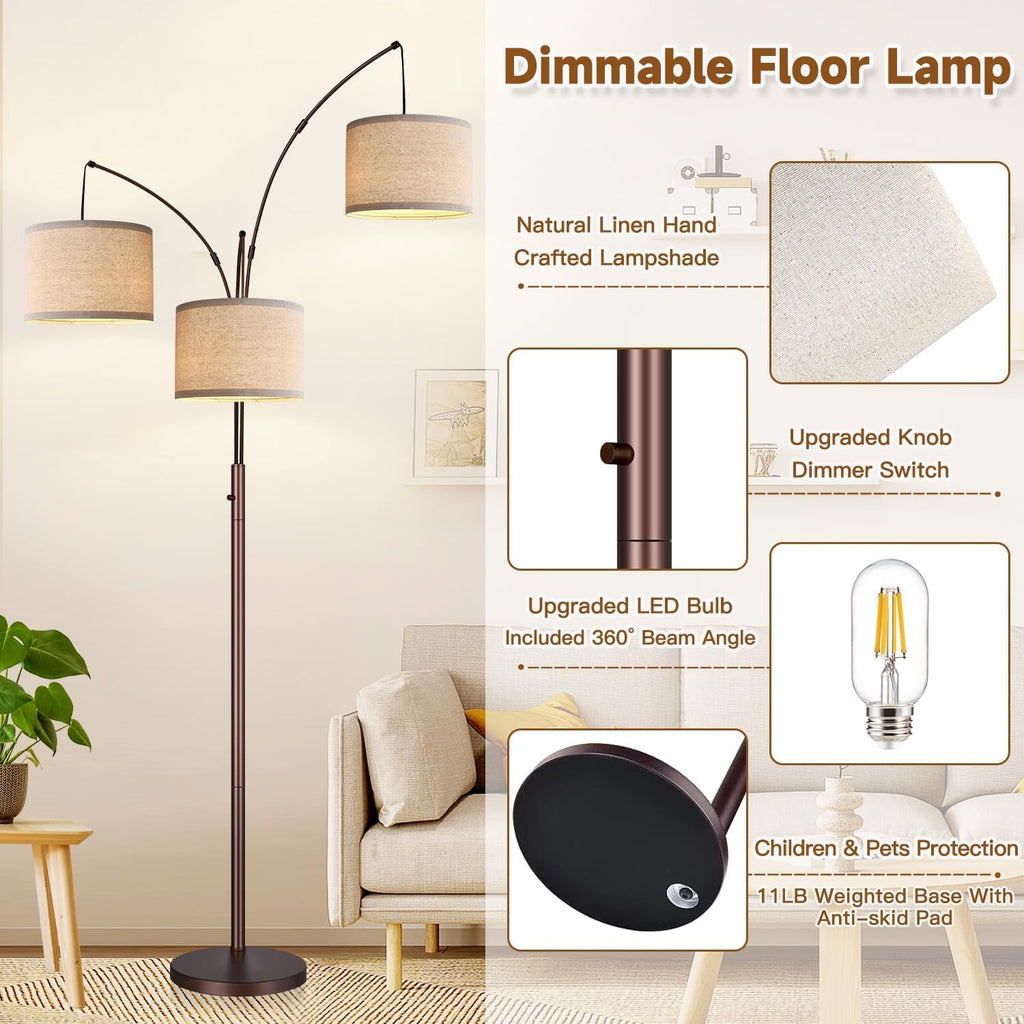 Dimmable Floor Lamp, 3 Lights Brown Arc Floor Lamp