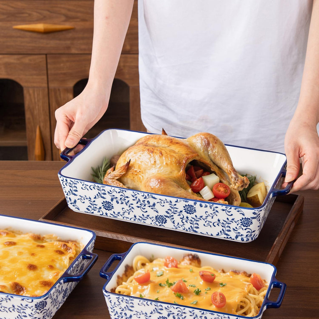 Ceramic Bakeware Set - Casserole Dish Dishes for Oven - Rectangular Lasagna Pans with Handles Cooking - Microwave &