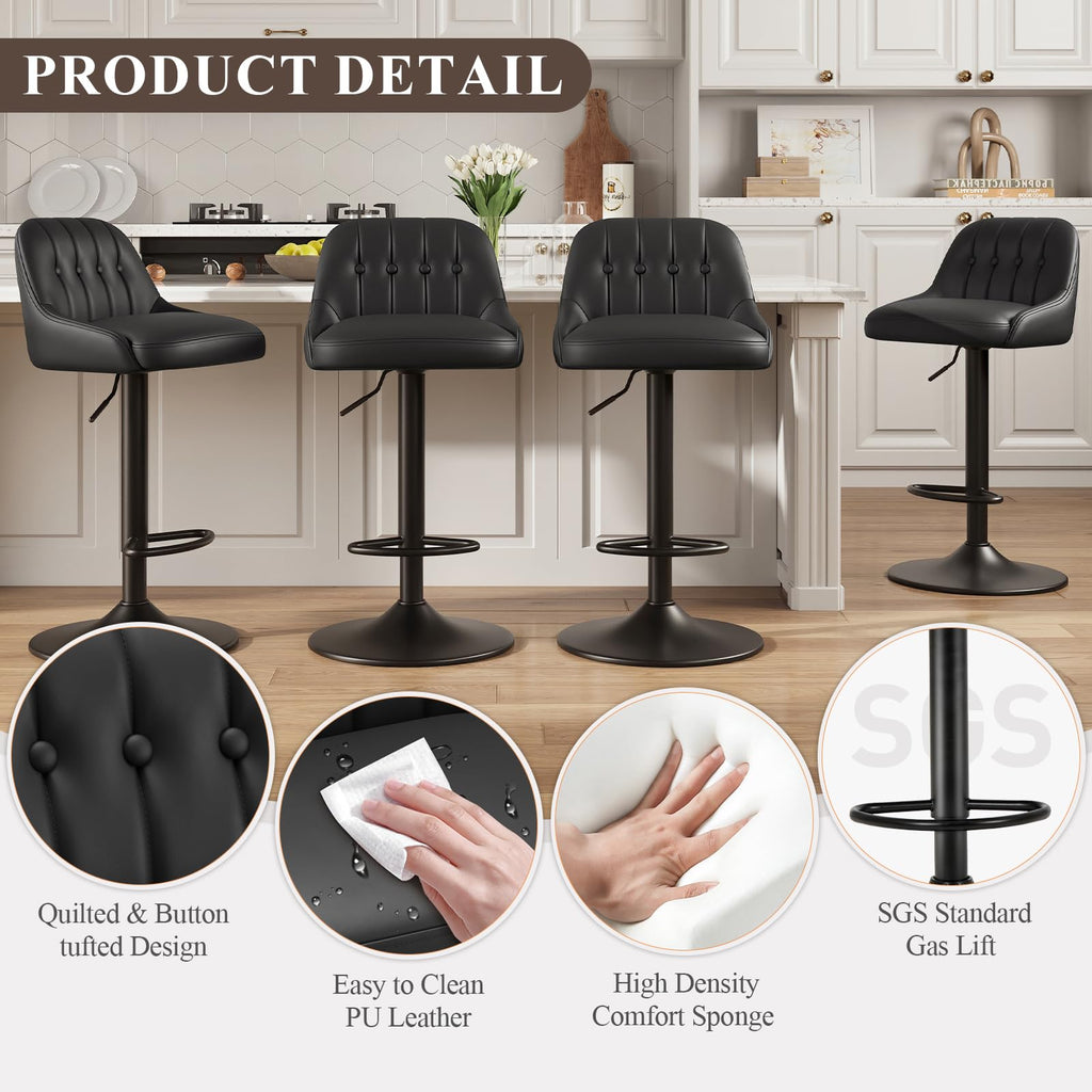 Bar Stools Set of 4, Swivel Bar Chairs, Modern Adjustable PU Leather Upholstered Barstools Counter Height with Tufted