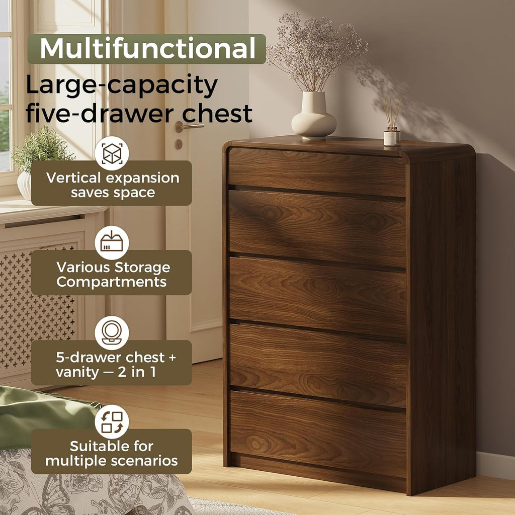 Mid Century Modern 5 Drawer Dresser with Organizer | Top Drawer with 6 Compartments, 45" Tall Chest of Drawers, 31.5"