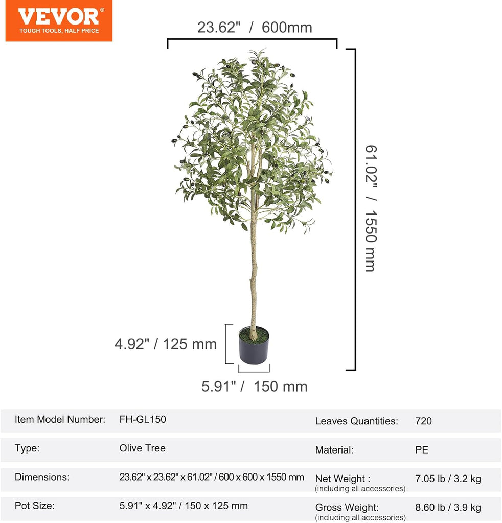 Artificial Olive Tree, 5 FT Tall Faux Plant, Secure PE Material & Anti-Tip Tilt Protection Low-Maintenance Plant