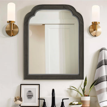 Wood Bathroom Mirrors for Wall Mounted, Rustic Solid Wood Frame Wall Mirrors Decorative Vanity, Arch Scalloped