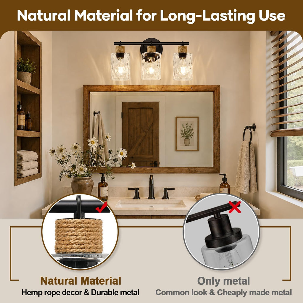 Bathroom Light Fixtures, 3-Light Coastal Vanity Lights with Crystal Glass Shade, Black Bathroom Wall Lamp for Mirror