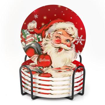 Christmas Joy Santa Claus Coasters for Drinks Set of 6, Round Absorbent Ceramic Coaster with Metal Holder, Red