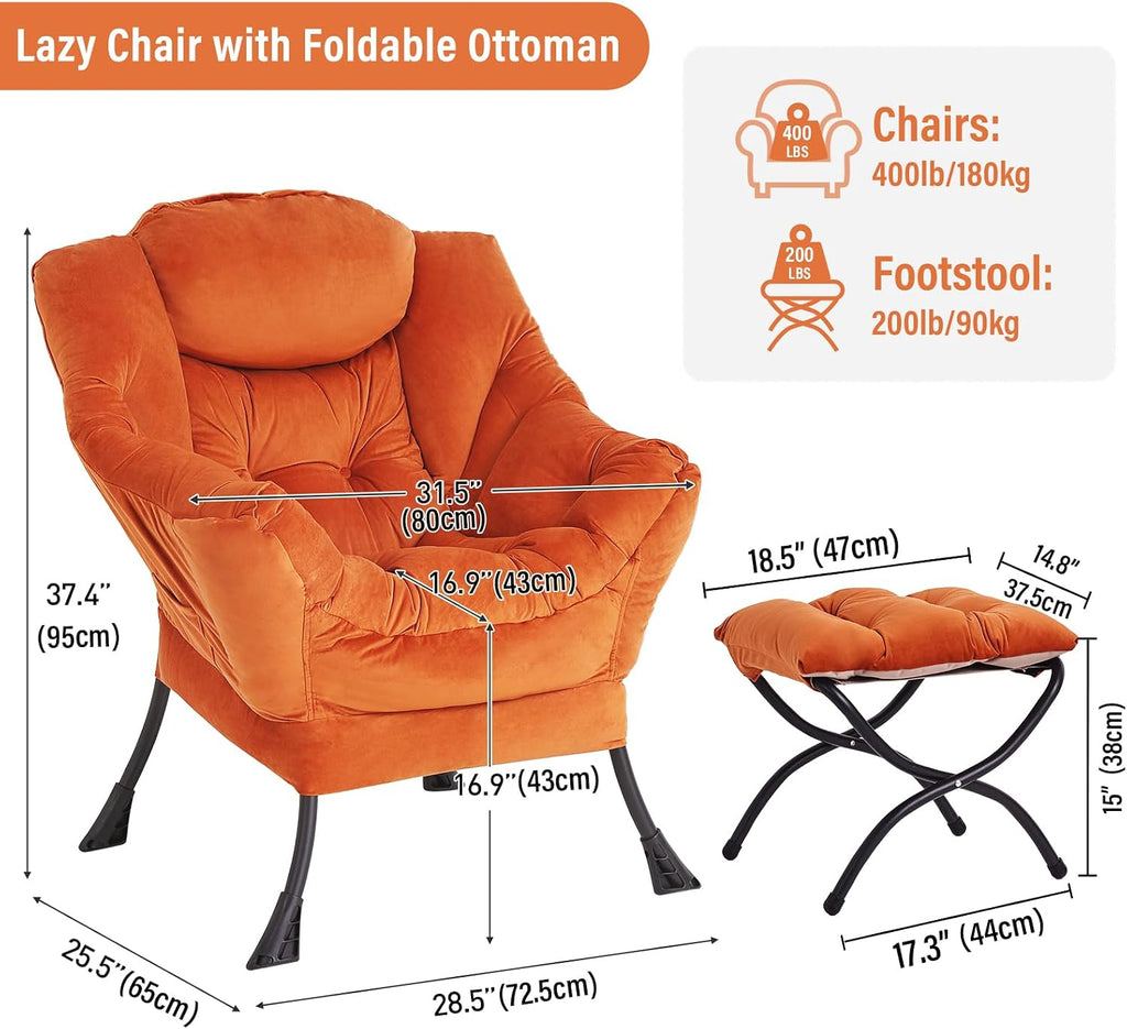 Lazy Chair with Ottoman, Modern Accent Chair with Armrests and a Side Pocket, Velvet Orange Accent Chairs, Reading