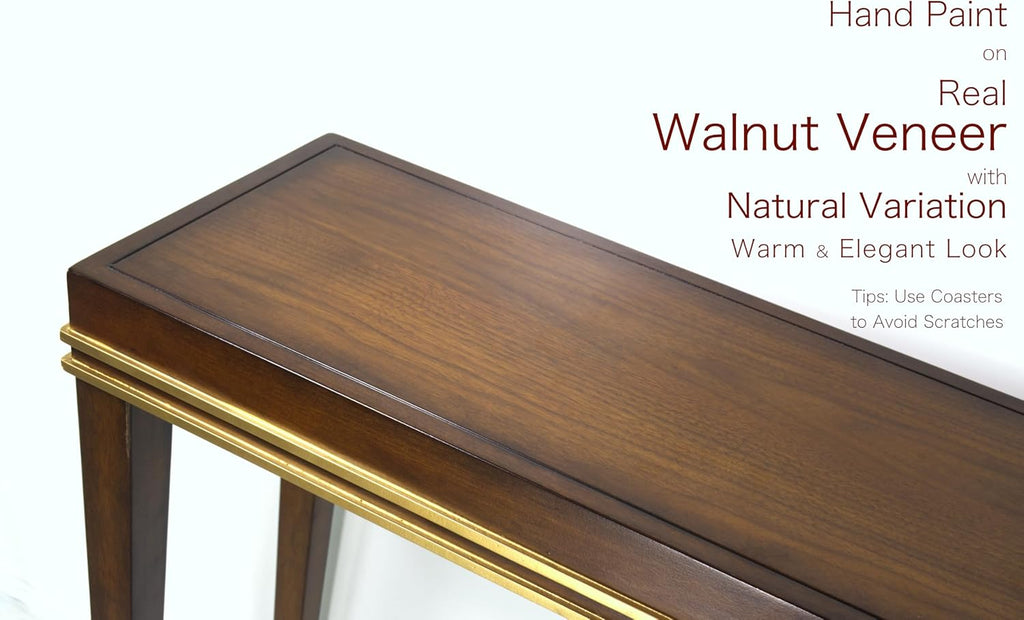 Modern Console Table - Narrow Hallway Table with Golden Accents, Walnut Veneer Hand-Finished - 11.75 Inch Deep Slim