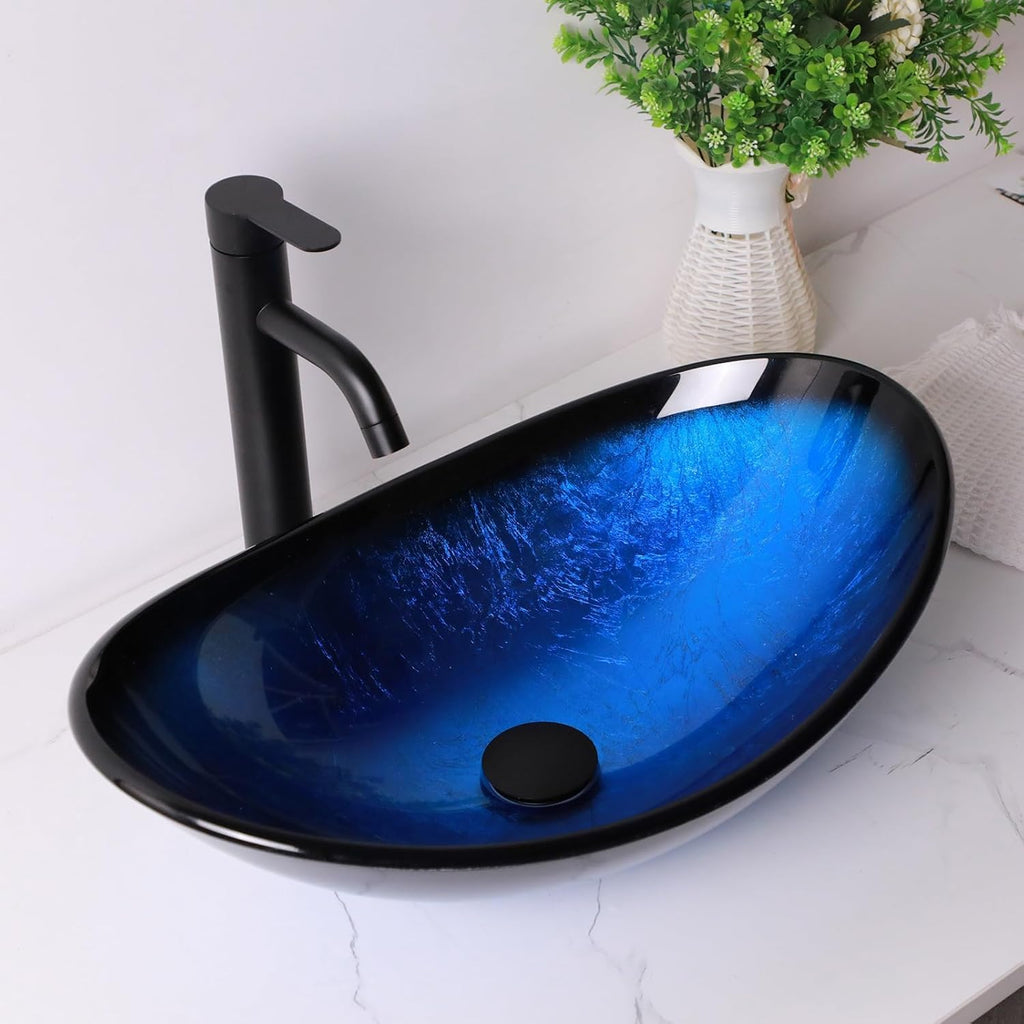 Glass Vessel Sink Bathroom Sink 21" Artistic Boat Shaped Black Blue Tempered Vessel Sink with Black Faucet Pop Up