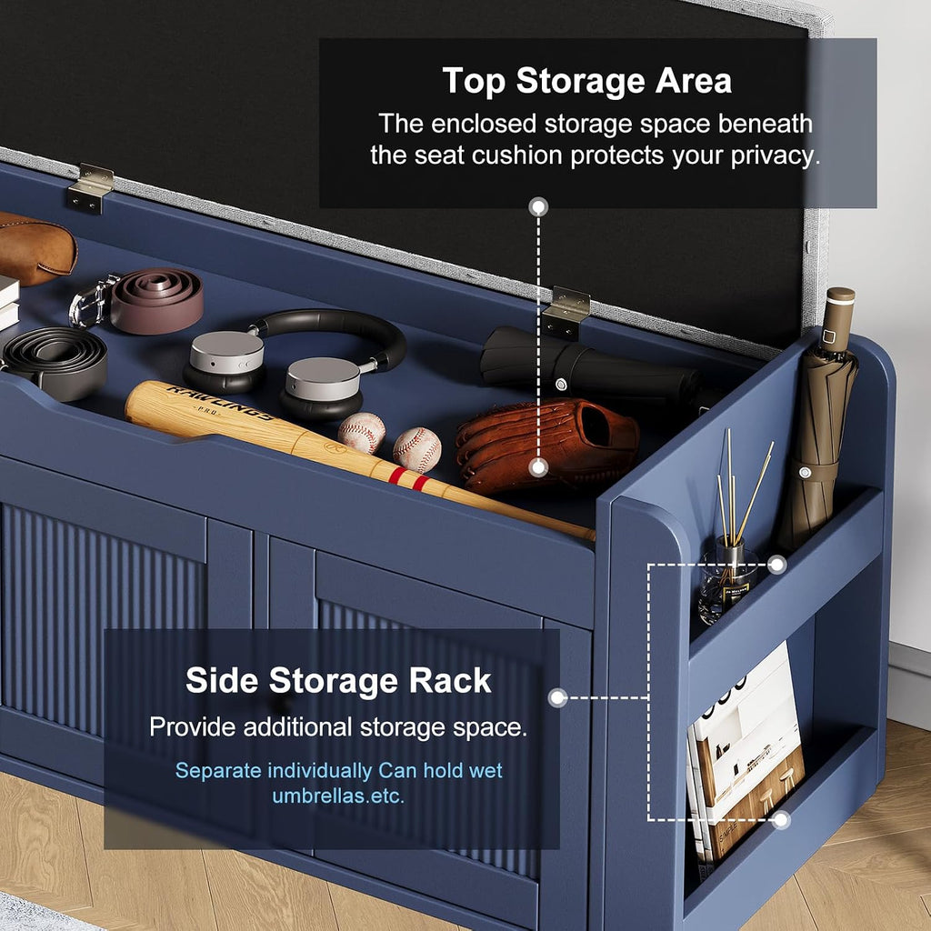 42.6" Entryway Shoe Storage Bench with Padded Seat, 3 Doors and Side Shelves, Lift Top Storage Bench for Shoes