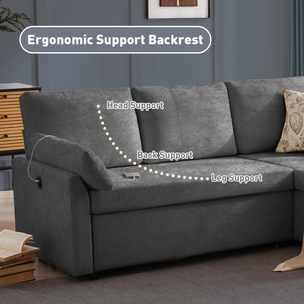85" L Shaped Sectional Sofa Couch, Pull Out Couch Sleeper Sofa Bed, Soft Chenille Deep Seat Sofa, Reversible Chaise
