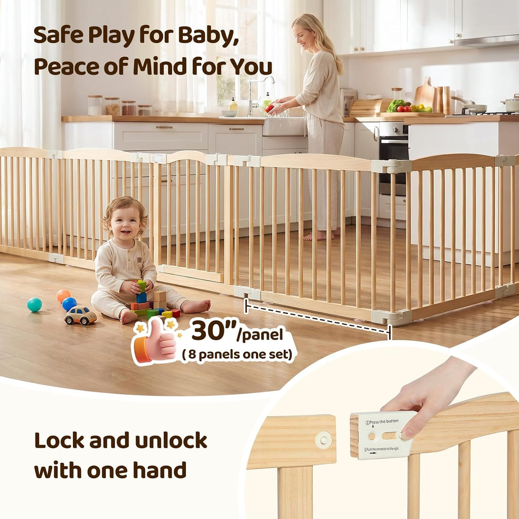 Wooden Baby Playpen, 60"×60"×25" 8-Panel Foldable Wood Play Yard with 2 Montessori Toys for Toddlers, Adjustable