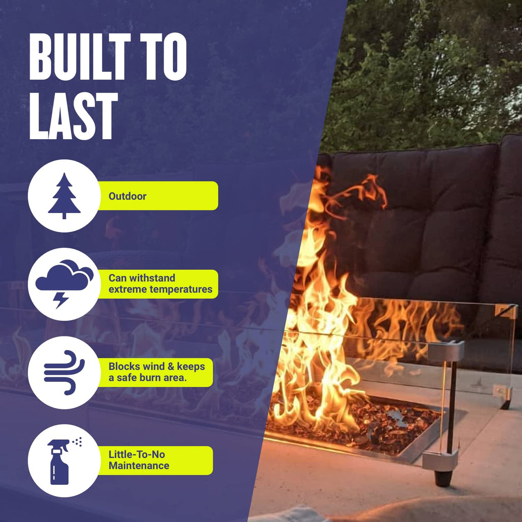 Tempered Glass Flame Guard for 24" x 8" Rectangular Drop-in Fire Pit Pans | Outdoor Wind Guard with Aluminum