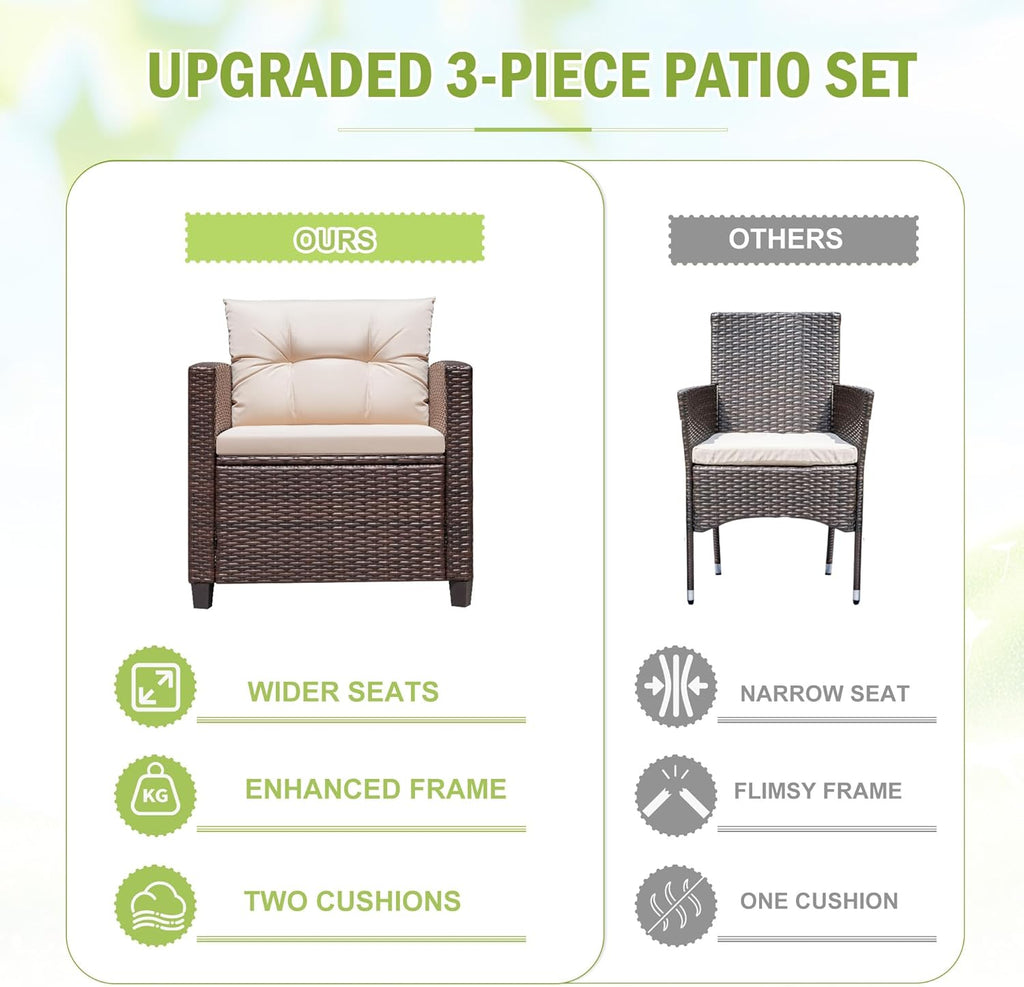 3 Pieces Patio Furniture Set, PE Rattan Wicker Patio Set with Two Outdoor Chairs and Table