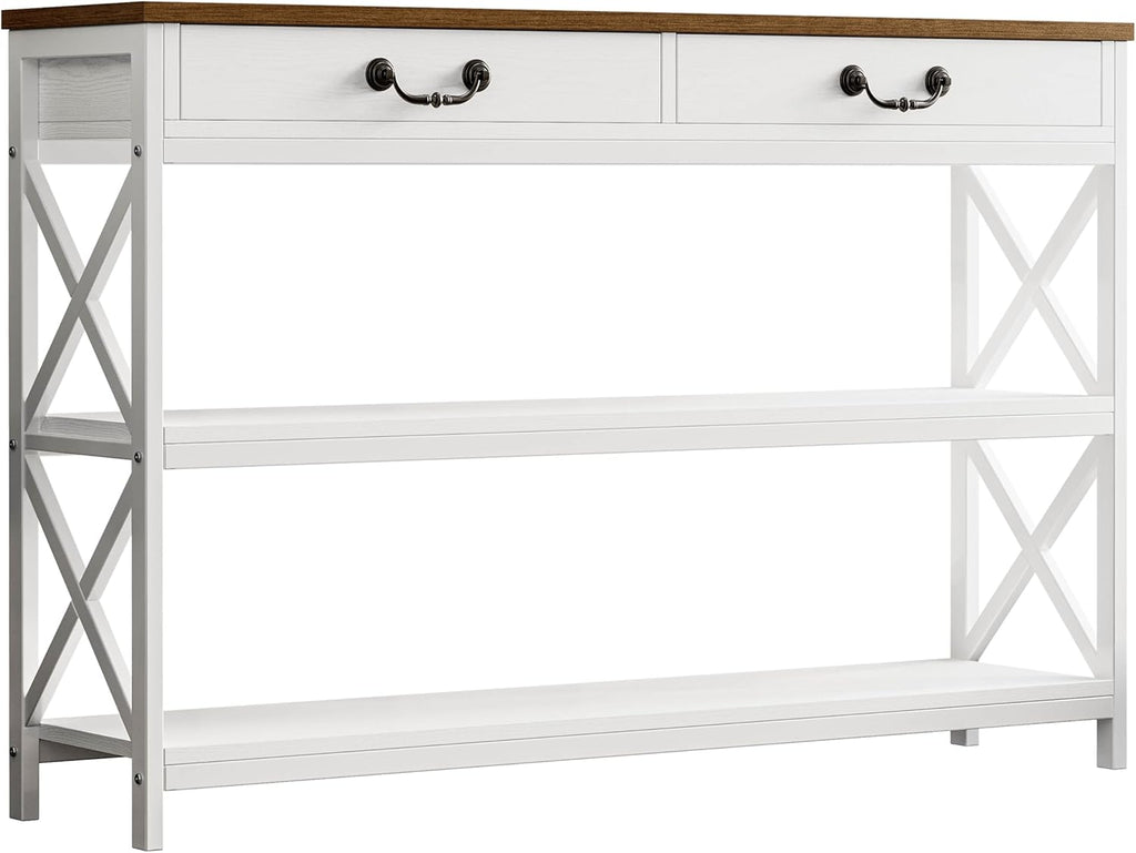 47.2" Farmhouse Console Table, Sofa Table with Drawer, Narrow Long Entry Table with 2 Shelf , White/Walnut