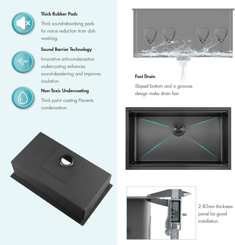 32 Inch Black Workstation Undermount Large Single Bowl Kitchen Sink | 32x19 Inch, Nano Black Stainless steel