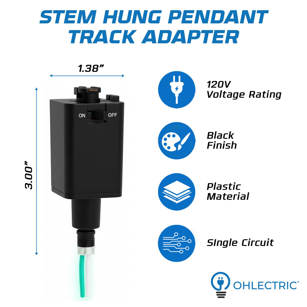 Stem Hung Pendant Track Adapter, Black (2-Pack) - for Single Circuit Track, 120V - Supports Indoor Dry Locations