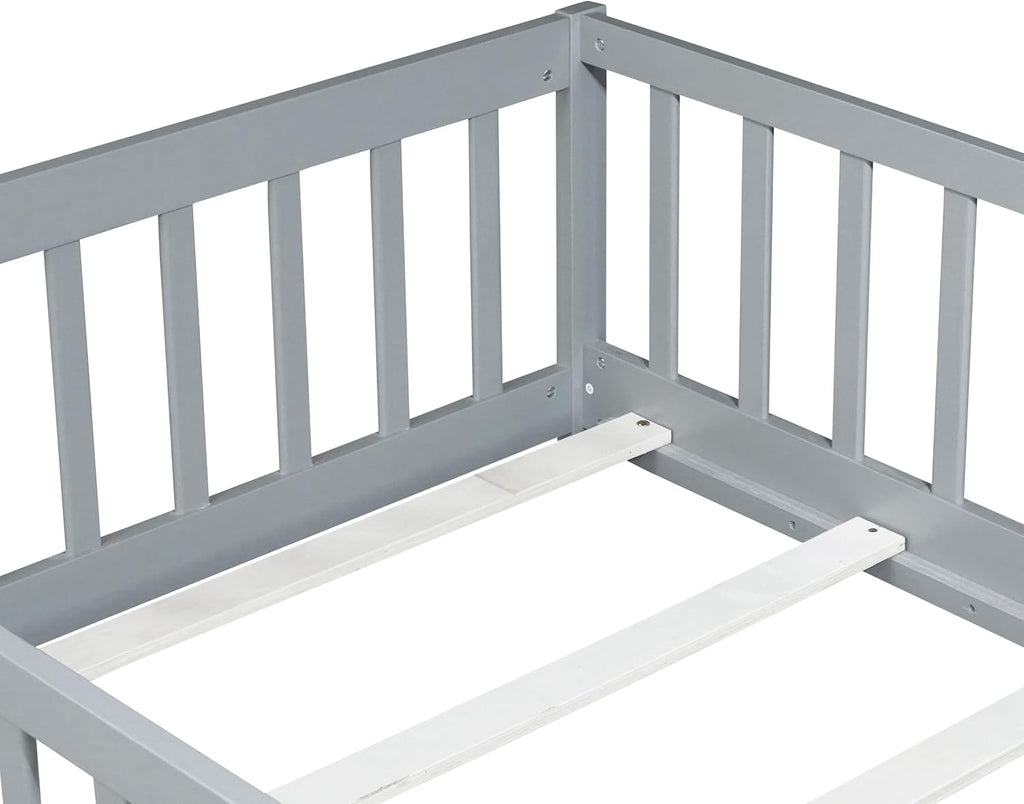 Twin Floor Bed with Slats and Guardrails, Wood Montessori Floor Beds with Fence, Easy Assemble Floor Bed for Kids