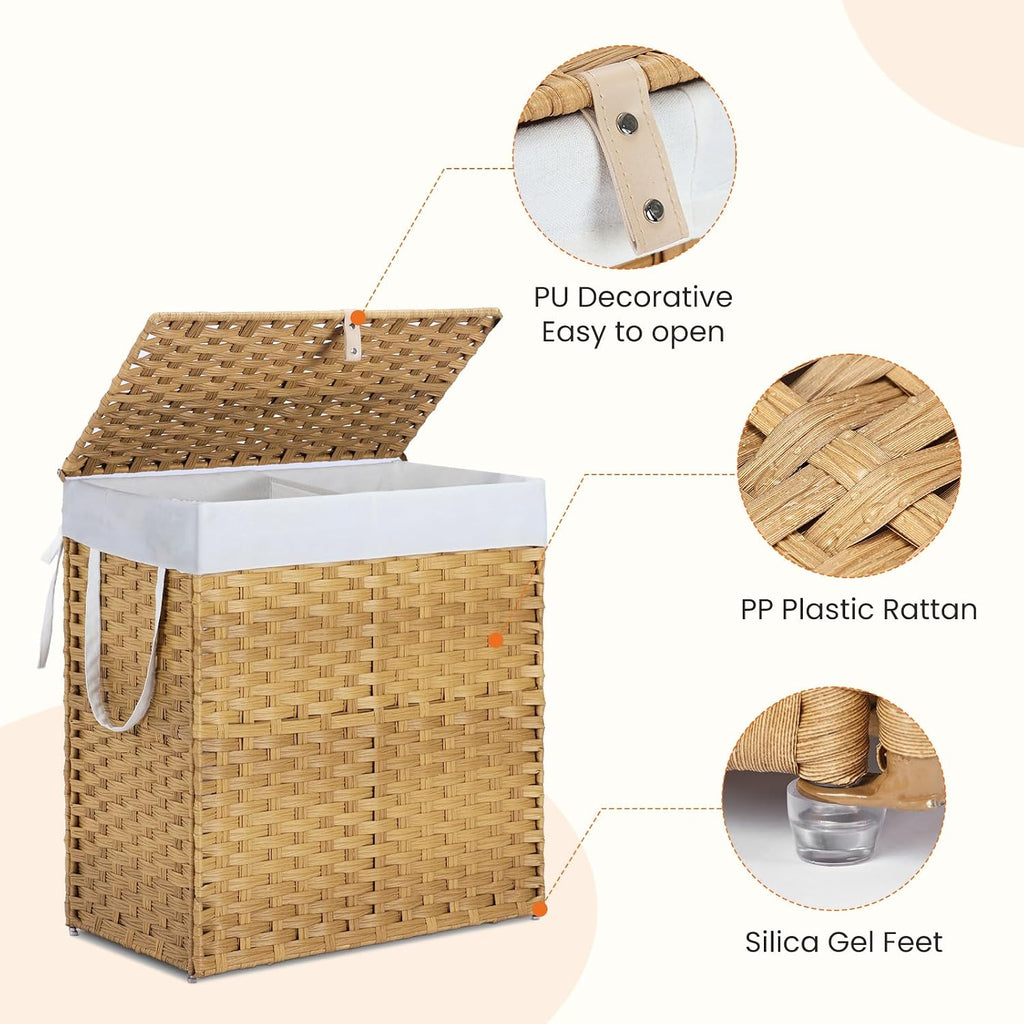 Wicker Laundry Basket with Lid, 110L Woven Laundry Hamper with Handles, Foldable Rattan Clothes Hamper with Removable