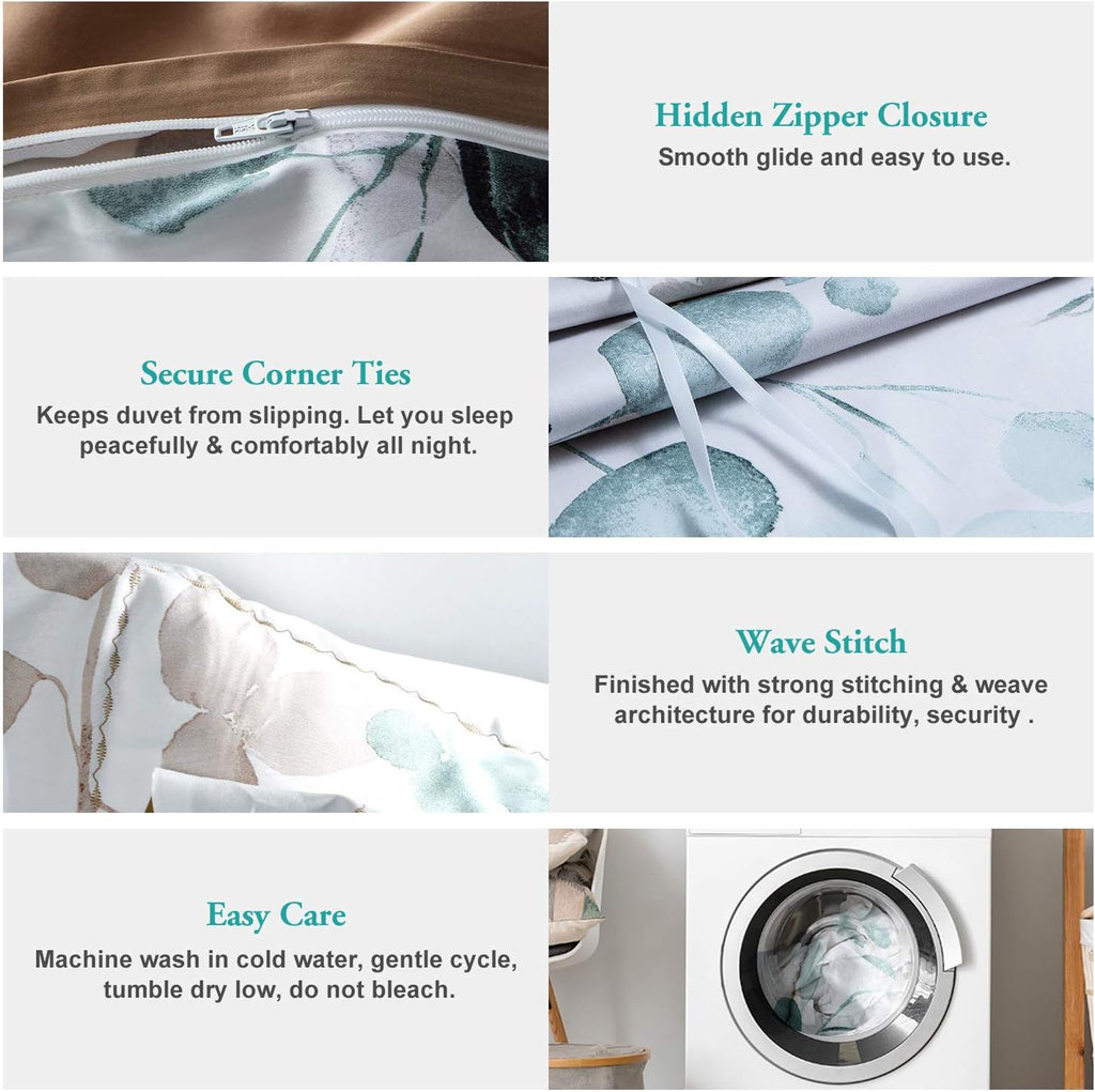 Floral Duvet Cover Set - 100% Long-Staple Cotton Green Leaves Pattern Printed Comforter Cover 3pcs Soft Breathable