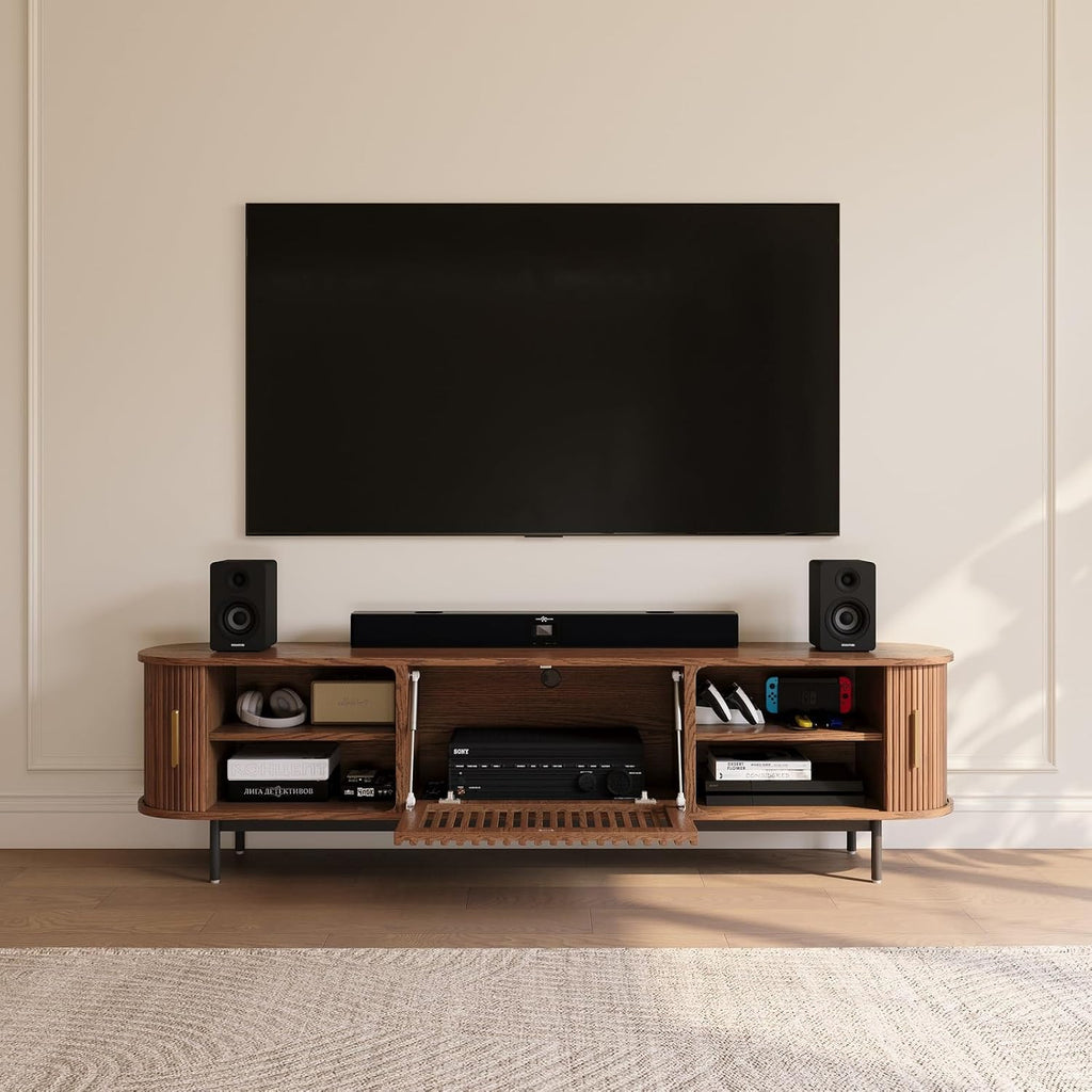 Mid Century Modern TV Stand for 75 inch TV, Sliding Door Entertainment Center with Storage, Wood TV