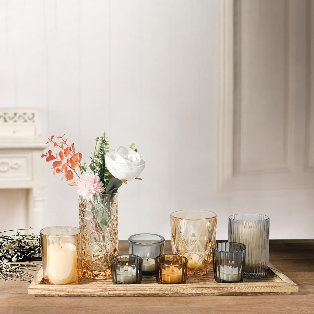 Rustic Wooden Tray with 8 Brown Glass Votive Candle Holders, Decorative Tea Light Holder Set for Mantel, Centerpiece