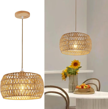 Rattan Pendant Light Fixture Ceiling Bohemian Chandelier Flush Mount Hanging Light 12.99-inch Small Woven Lamp Shade