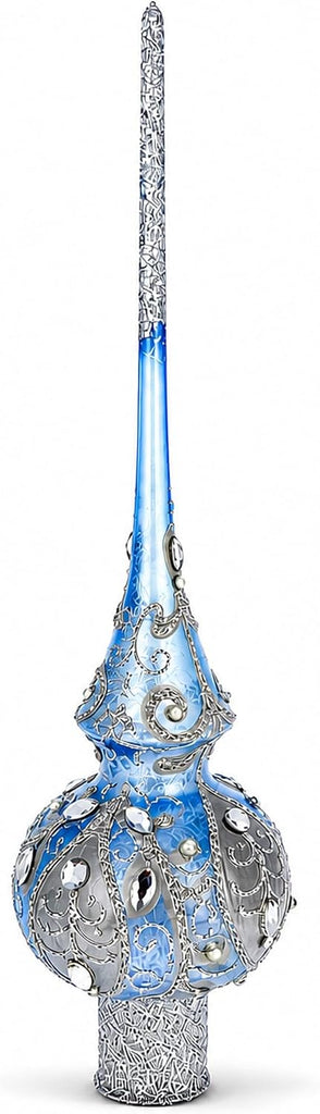 Ornate Blue Silver Scrollwork Translucent Finial Glass Tree Topper