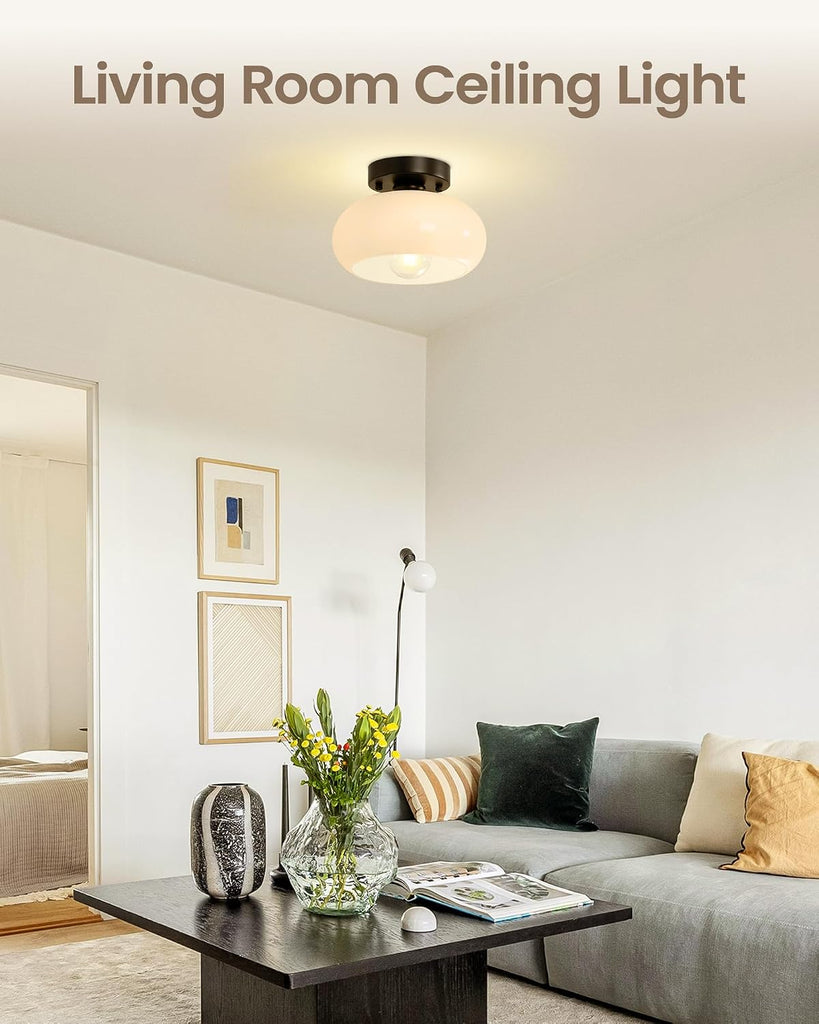 Semi Flush Mount Ceiling Light, Black Light Fixture, Mid-Century Modern Farmhouse Milk Glass Small Light Fixtures