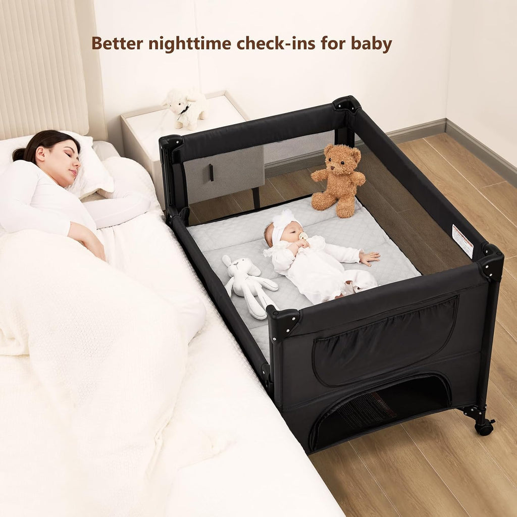 Pack and Play, Baby Bassinet Bedside Crib with Changer, Black | One-push setup, mattress, breathable mesh, adjustable