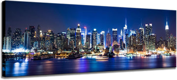 New York Wall Art Living Room Decor Beautiful Manhattan City Skyline Night Light Photo Poster Prints on Canvas Blue