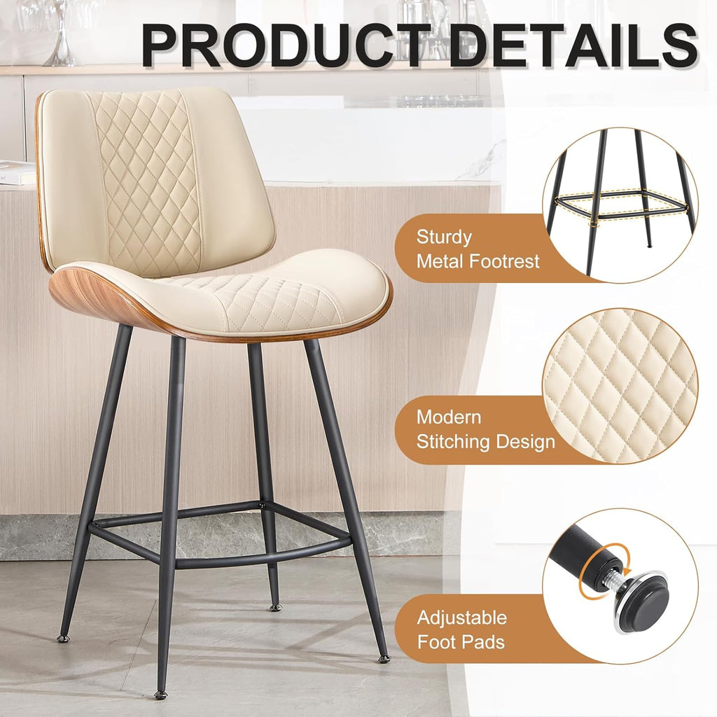 Counter Height Barstools Set of 3, 26.9" Armless Stools with Metal Legs, Walnut Pub Chair in Modern Style, PU Leather