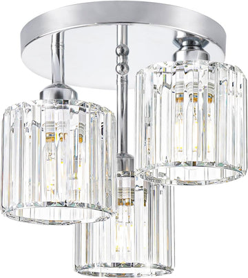 Crystal Ceiling Light Fixture, Chrome Semi Flush Mount Ceiling Light Fixture, 3-Light Hallway Lighting with Clear