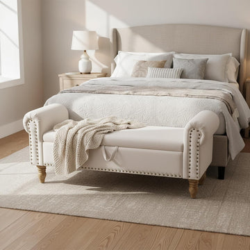 55" Linen Storage Bench, Queen End of Bed, Off-White | Linen Upholstered, Bedroom/Entryway/Closet, Storage Ottoman